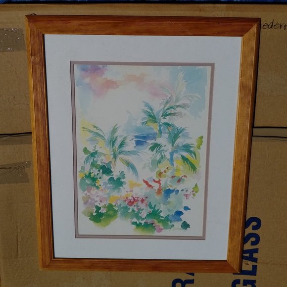 TROPICAL PALM TREE WATERCOLOR PRINT WITH NATURAL MAPLE FRAME AND TWO MATS - Picture 2 of 2